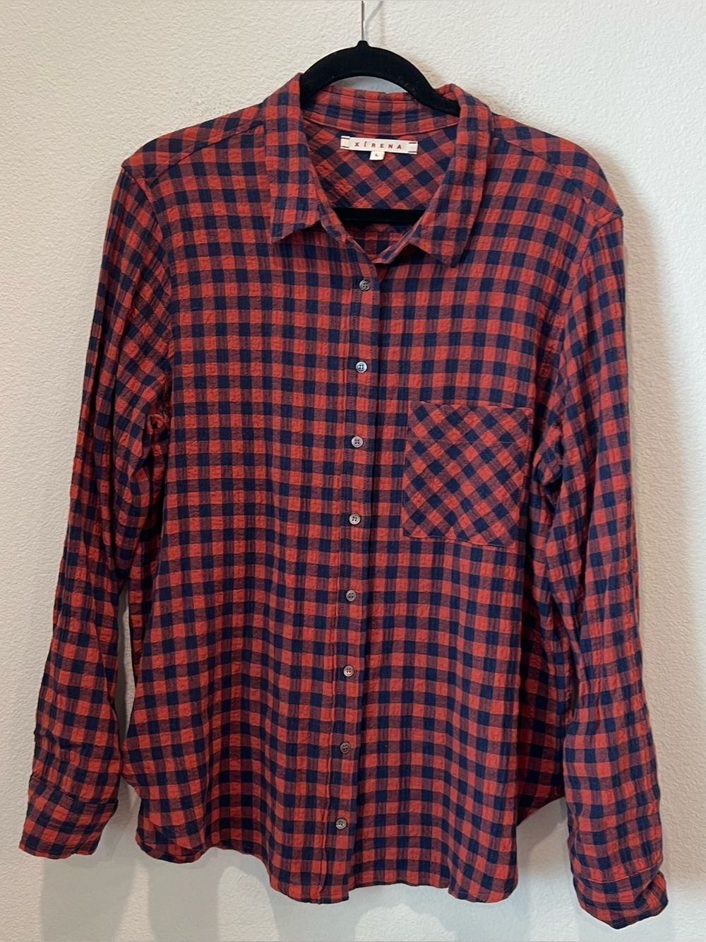 Xirena Plaid Checked Button Up Rounded Hem Pocket Shirt large preppy academia Ee